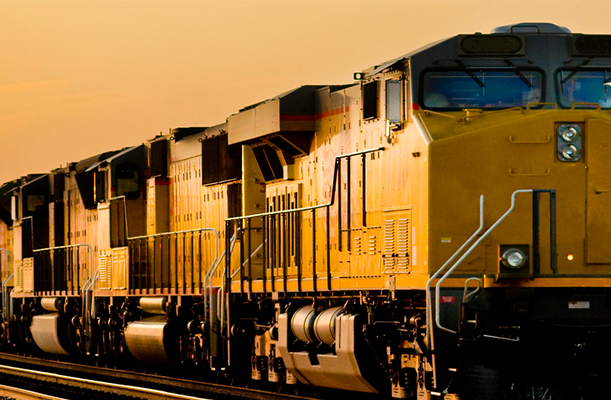 Railroad locomotive traveling across Arizona