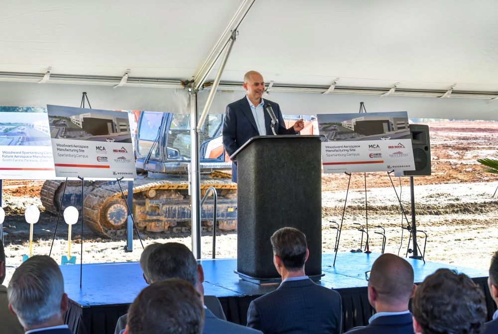 Shawn McLevige, Aerospace President, speaks to the audience at the groundbreaking event.